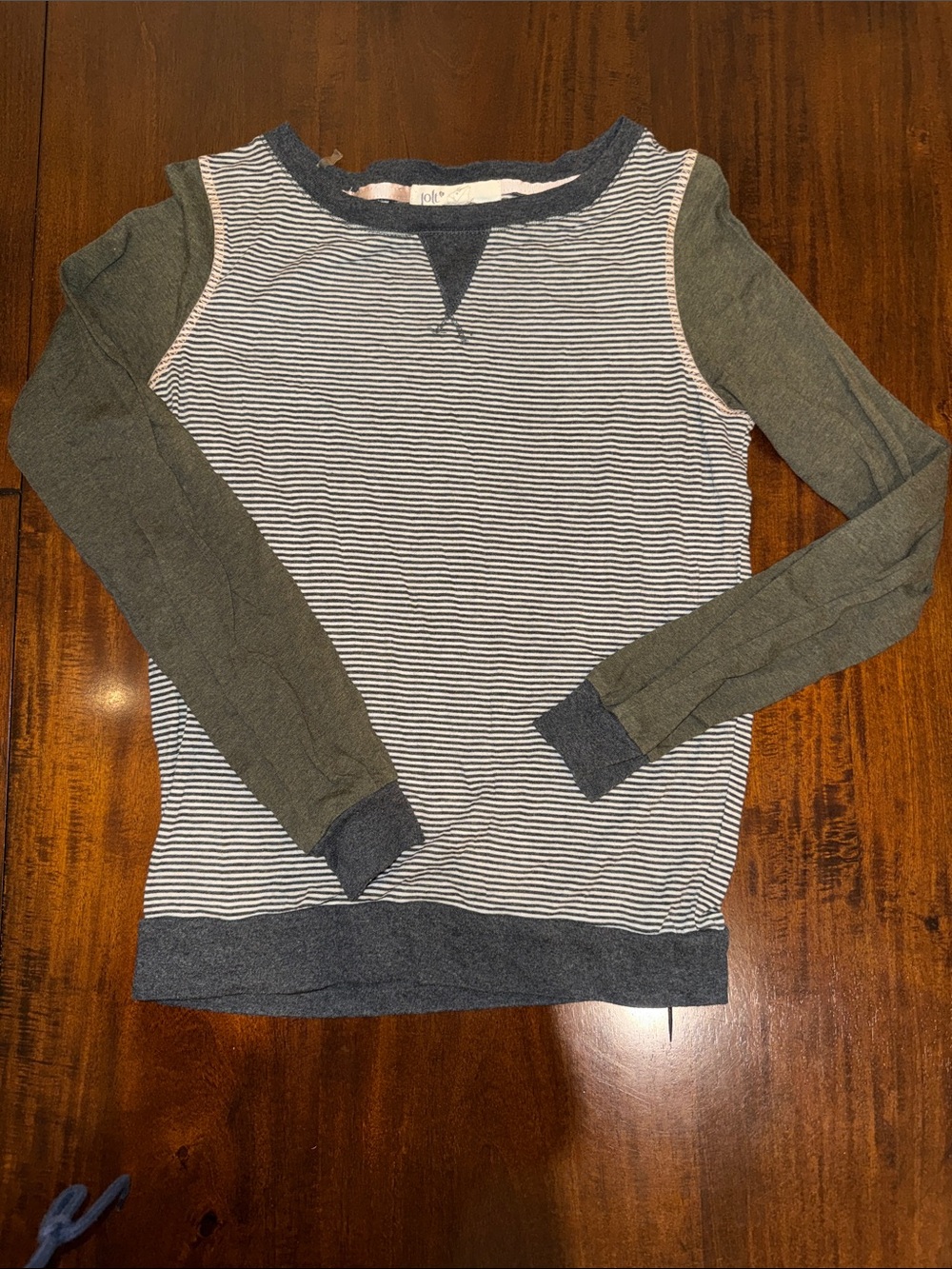Jolt Striped Navy and White Pullover with Olive Green Sleeves